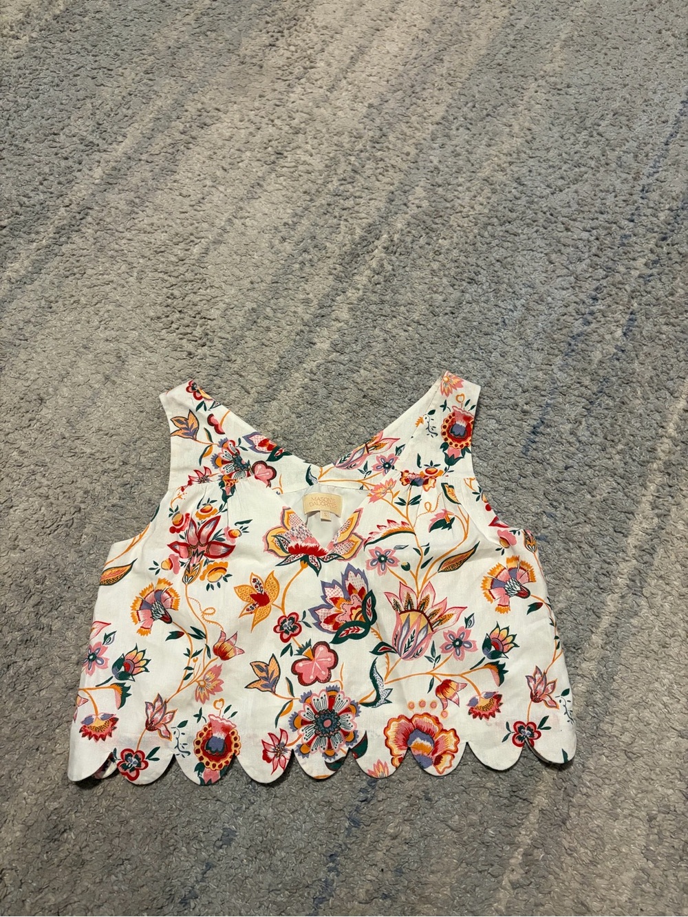 Mason's Daughter Linen Blend Scalloped Floral V-Neck Crop Top Sz S